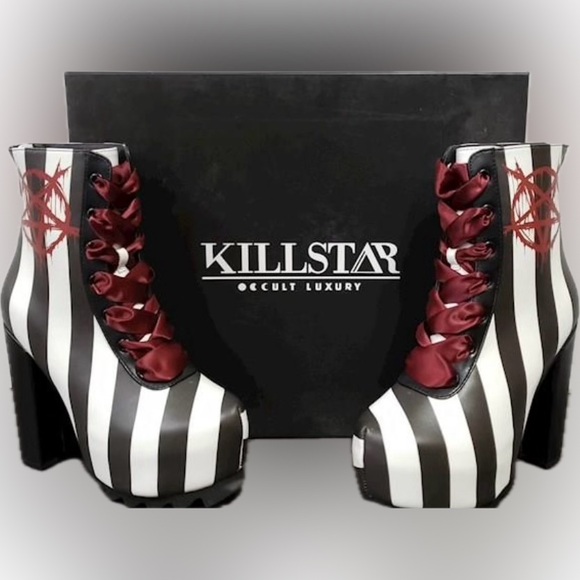 Killstar Shoes - Killstar Black and White Striped Women's Boots